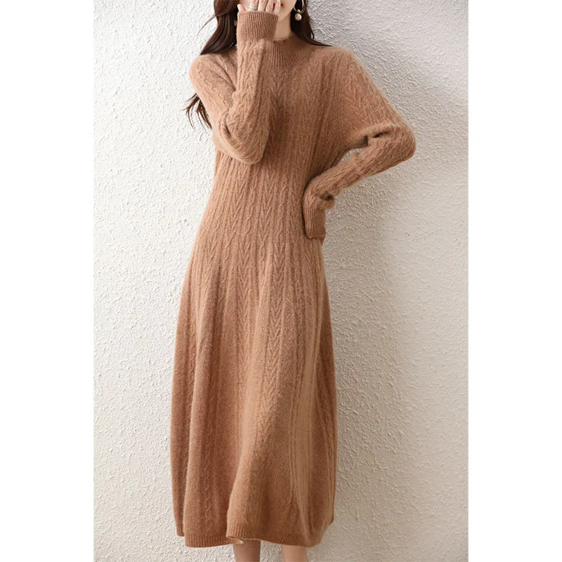 

Elegant Fashion Dresses Cashmere Sweater Knitted Long Dress 100% Merino Wool Women Turtleneck Office Skirt Autumn Winter Clothes