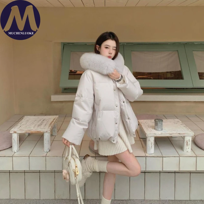 여성용 후드 겨울 다운 재킷 우아한 모피 칼라 두꺼운 캐주얼 루즈 숏 한국 패션 파카 따뜻한 코트