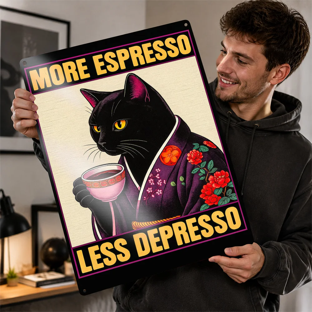 More Espresso Less Depresso Cat Textured Poster Personalized Metal Tin Sign Vivid Funny Kitchen Quote Wall Art For Coffee Fans