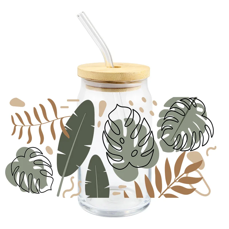 Green Turtle Back Leaves Uv Dtf Transfer Sticker 16Oz Glass Cups Diy Waterproof Crazy Plant Lady High Temperature Resistance