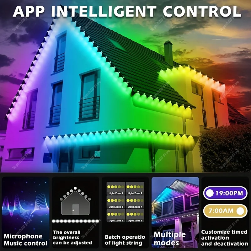 Outdoor Permanent Light 100FT Smart Eaves Light Multiple Scene Modes IP67 Waterproof Outdoor Lighting for house Party Decoration