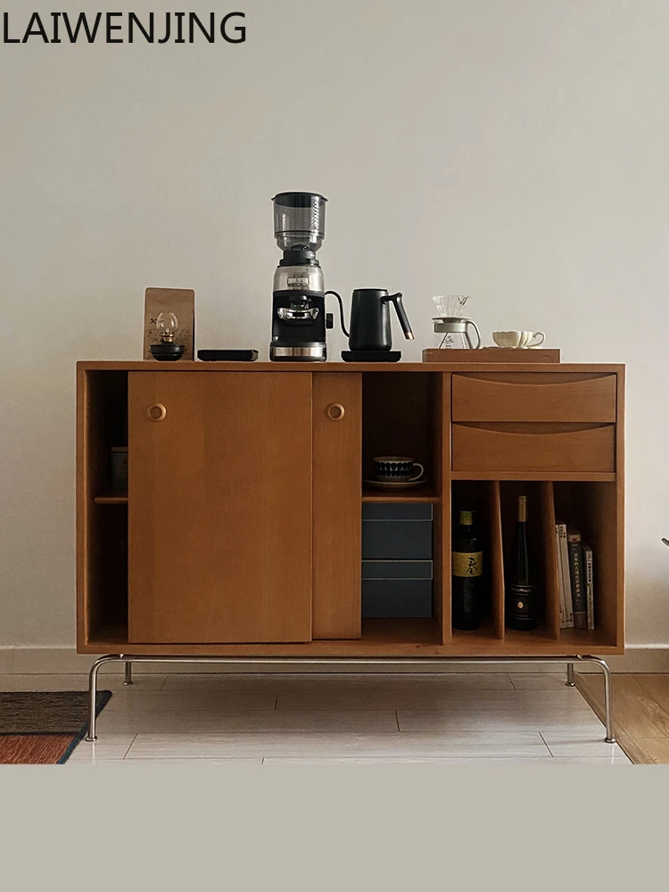 

HLZ medieval solid wood board dining side cabinet simple storage coffee cabinet living room wall stainless steel tea cabinet