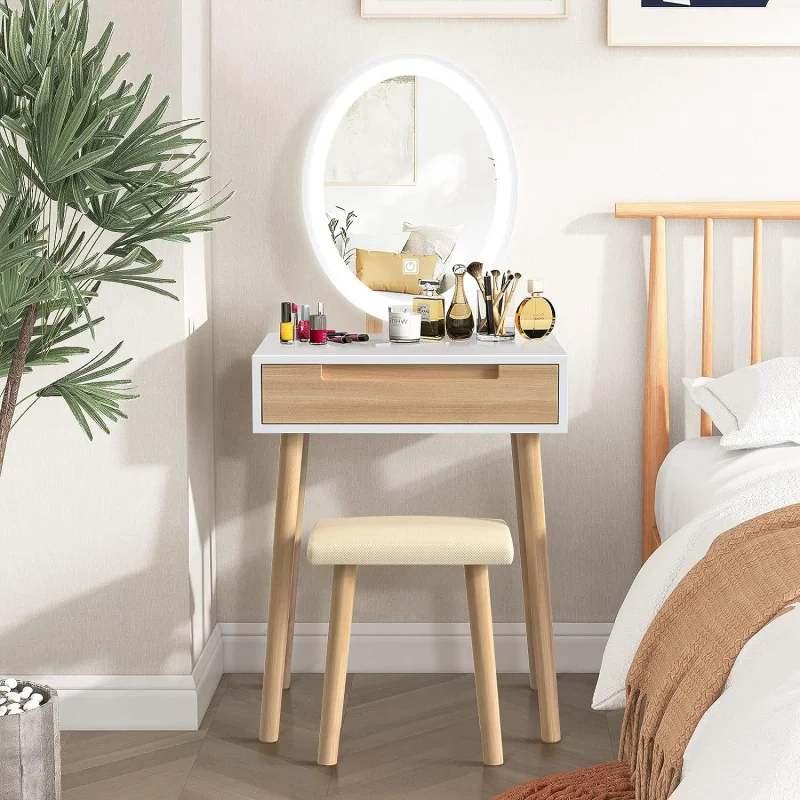 

YOURLITE Makeup Vanity Set With 3 Modes Adjustable Lighted Mirror Cushioned Stool, Dressing Table For Small Space