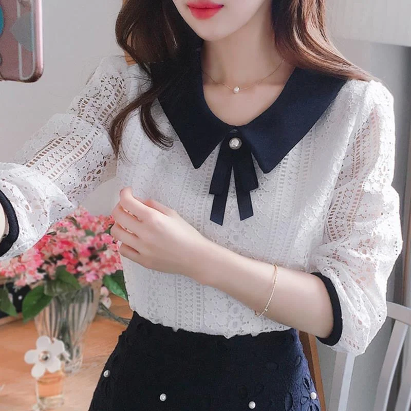 Women\'s Spring Autumn Style Lace Blouses Shirt Women Peter Pan Collar Solid Color Half Sleeve Elegant Lace Tops SP8676