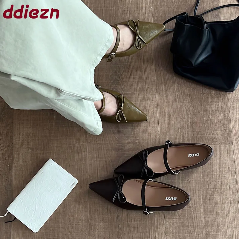 

Женские туфли на плоской подошве с пряжкой и ремешком, женская обувь на плоской подошве с узлом-бабочкой, женская обувь Мэри Джейн на плоской подошве с острым носком, 2025 г.