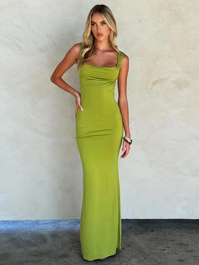 Moda donna senza maniche Backless aderente lungo Maxi vestito verde 2024 estate femminile elegante vita alta partito abiti da sera