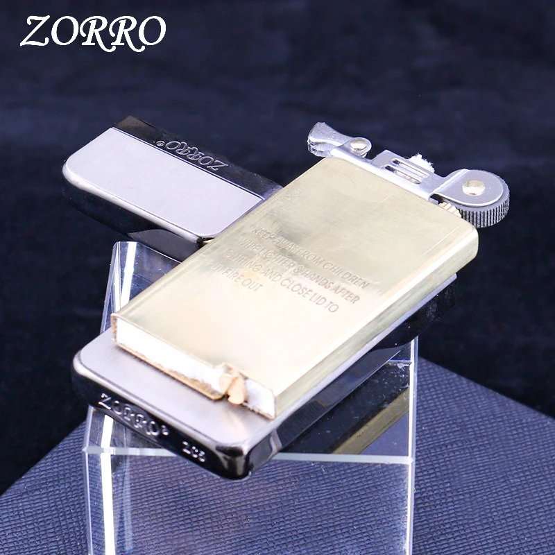 ZORRO Windproof ZC5 Ultra-thin Brass Fuel Lighter,  Gold Wire Drawing Logo, Flint Wheel Ignition,