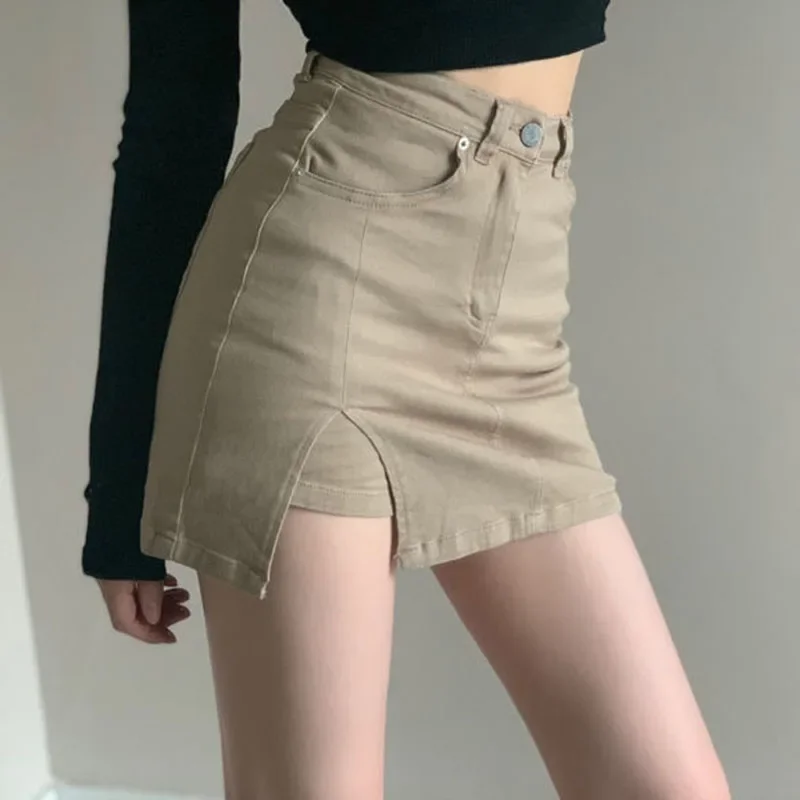 Xpqbb Khaki Women Denim Short Skirts Korean High Waist Anti-Glare Mini Skirt Woman 2025 Spring Summer Sexy Package Hip Skirt