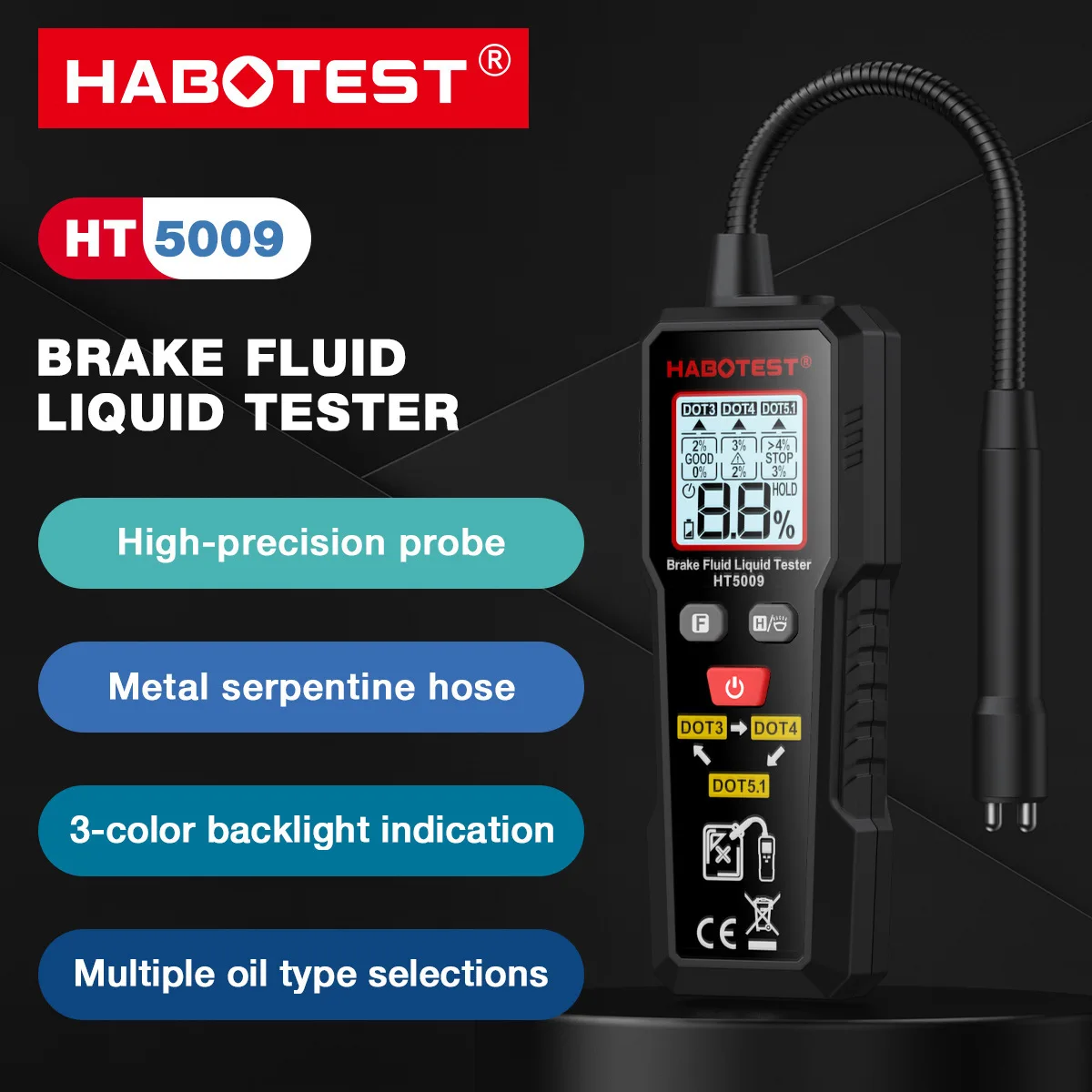 

HT5009 Brake Fluid Tester Flexible Probe 3 Color Backlit Digital Auto Brake Liquid Oil Tester Detector Tool for DOT3 DOT4 DOT5.1