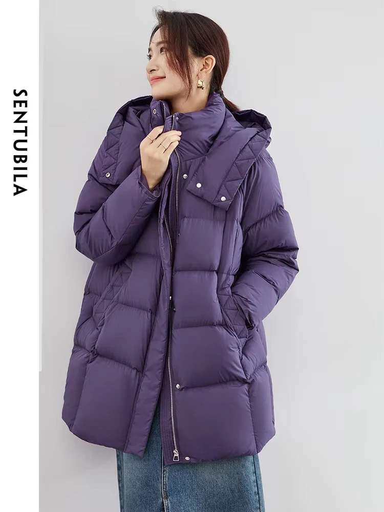 SENTUBILA Women\'s Loose Hooded Down Jacket 2024 Winter Fashion Zipper Mid Length Down Coats Duck Down Warm OutwearsW44Y58503X