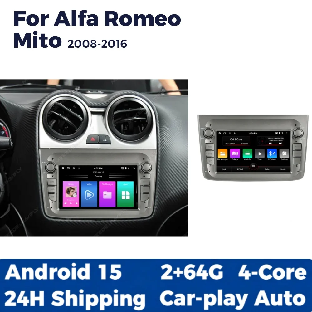 Android 15 7 Inch Car Radio Stereo For Alfa Romeo Mito 2008-2016 Car Play Android Auto Multimedia Player GPS Navigation WIFI RDS