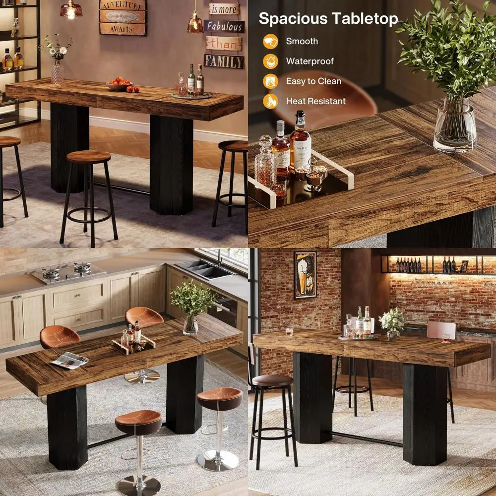 

Industrial Style Extra Tall Bar Table, 70.9 Long, Rustic Brown & Black, Suitable for Kitchen, Dining, Living Room, or Pub