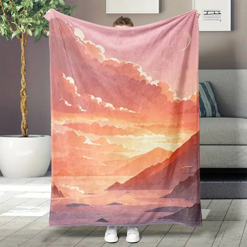 

Dreamy Sunset Mountain Landscape Throw Blanket - Soft Watercolor-Themed Blanket for Serene Cozy Home Decor