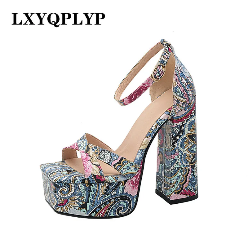 

2022 New Fashion Printing Waterproof Platform High Heel Square Head Nightclub Sexy European and American Trend Sandals Women