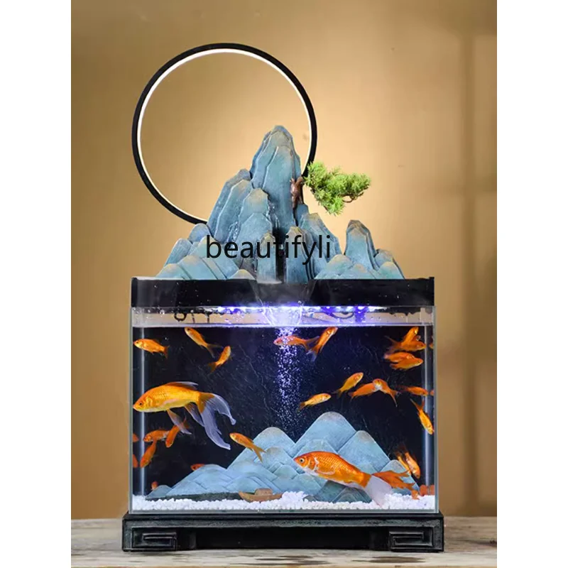 

New Chinese Style Glass Fish Tank Stream Aquarium Living Room Desktop Creative Small and Medium Size Fish Globe Change Water