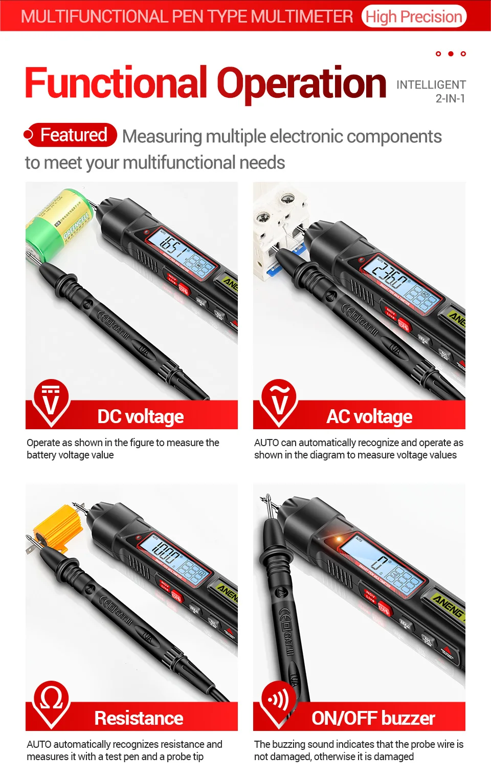 ANENG A3006 Digitales Multimeter Stiftform 4000 Messungen AC DC Spannungsprüfer Widerstands-Kapazitäts-Diodentest Elektrikerwerkzeug – Detail 7