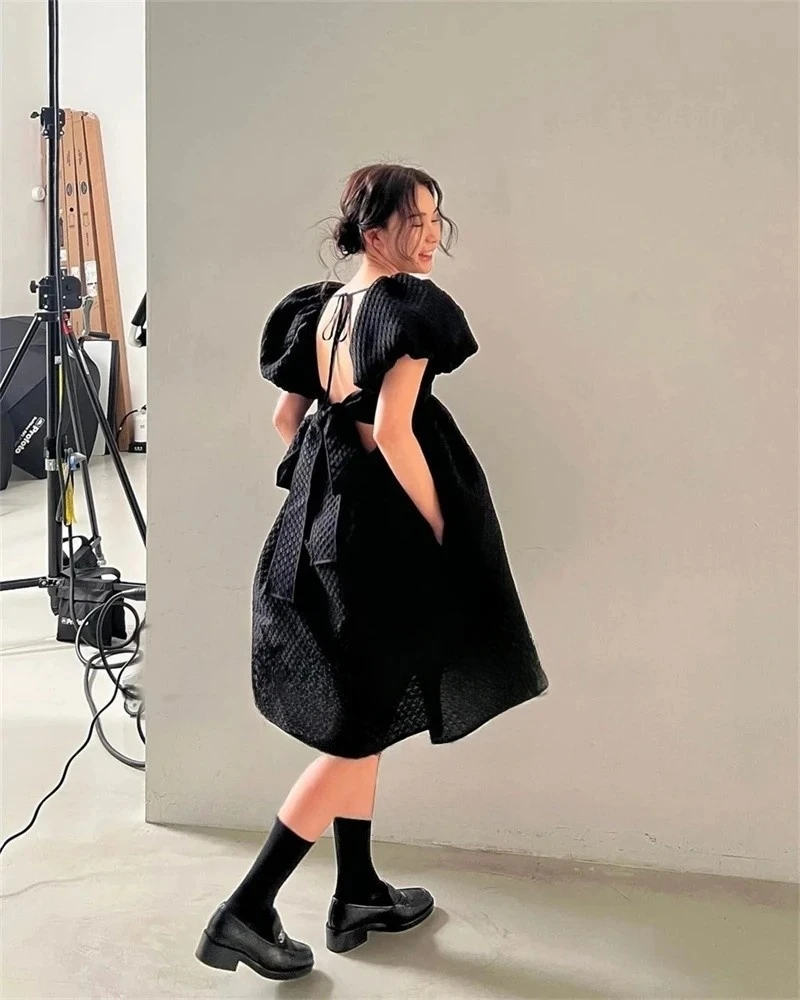 ZHUISHU Square Neck Black Short Korea Wedding Dresses Photos Shoot Customized Draped Short Puff Sleeve Outfit Bride Party Dresse