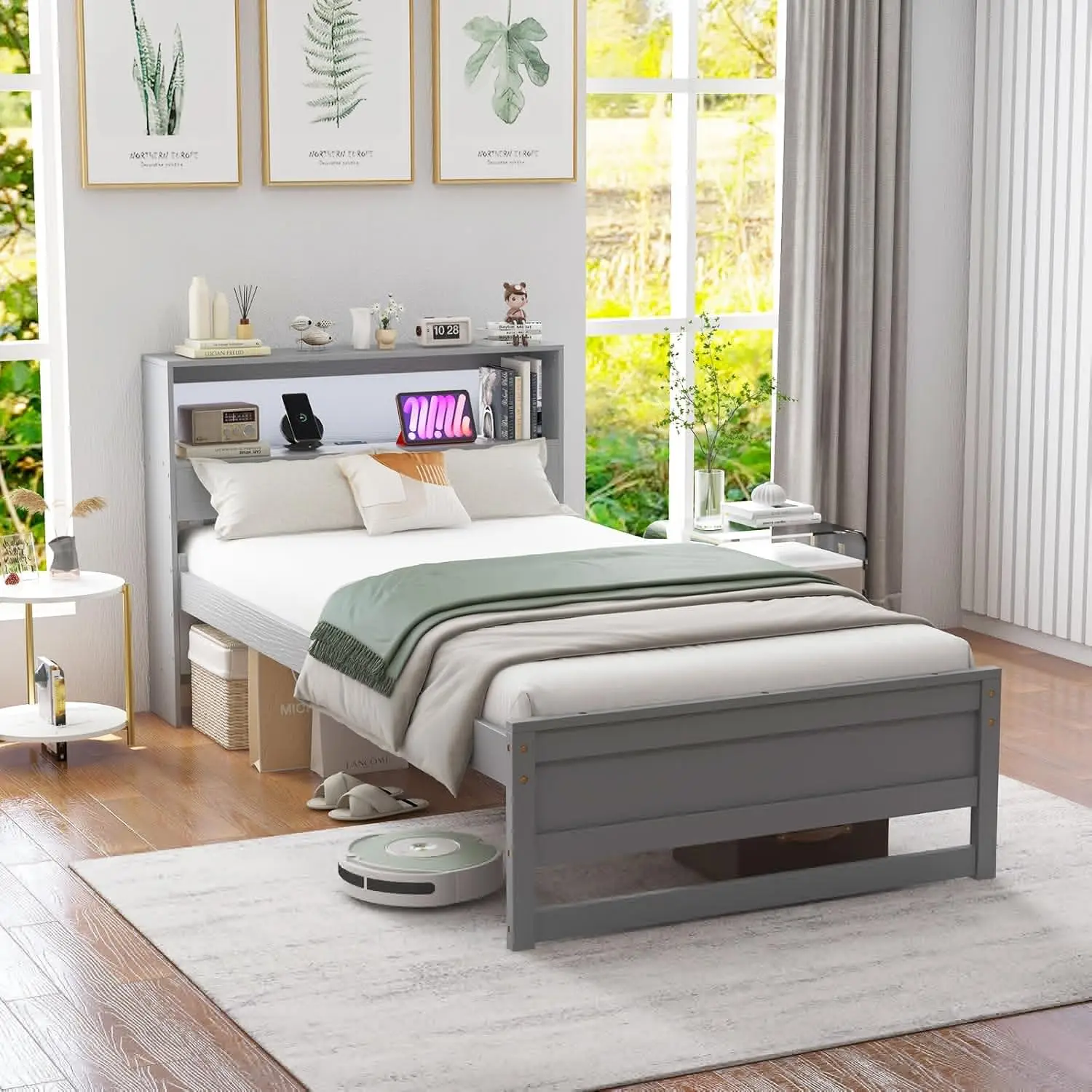 

Twin Size Wood Platform Bed Frame with Charging Station & LED Light, Platform Bed with Storage Headboard & 12” Under-Bed Space,