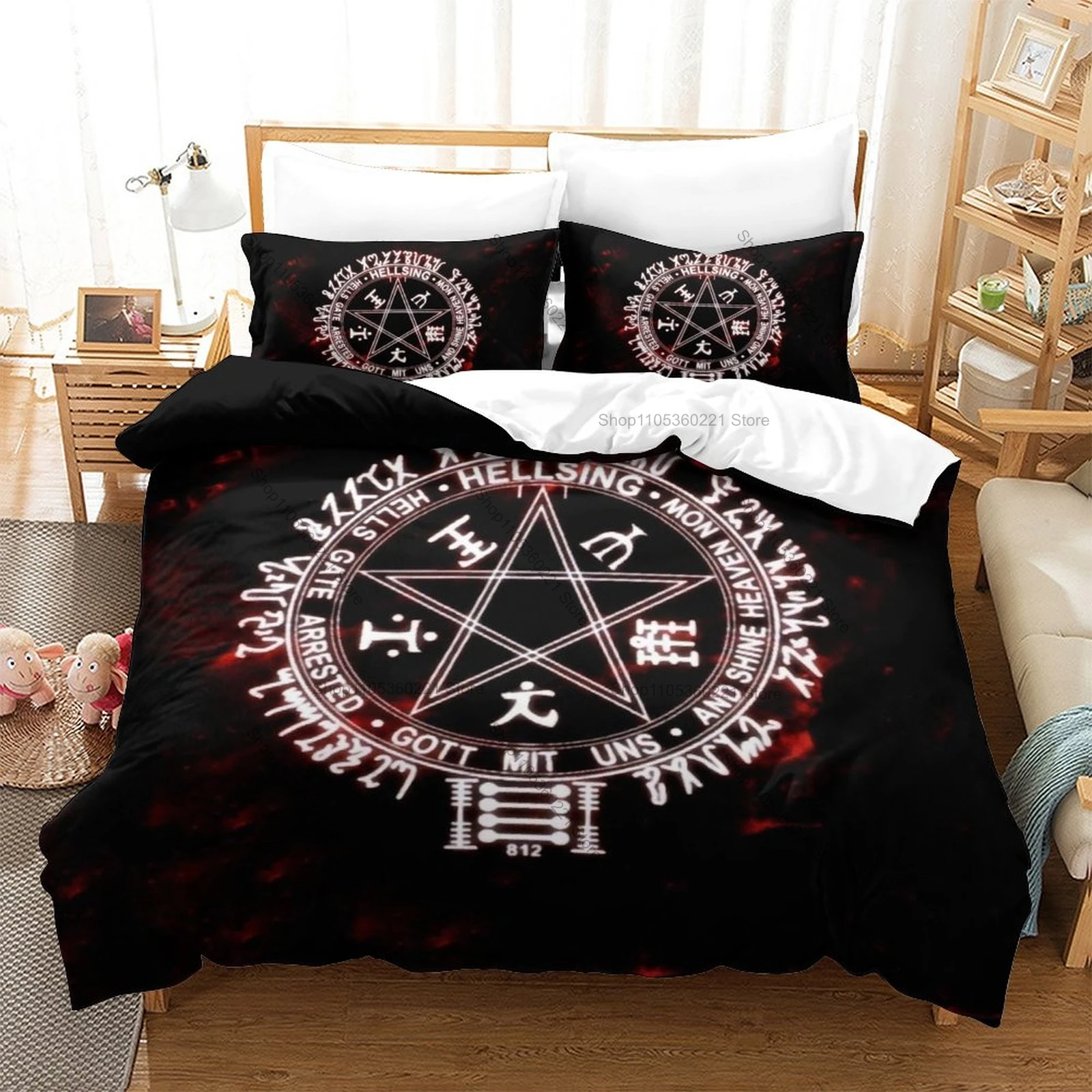 Hellsing Bedding Set Duvet Cover + 2 Pillowcases Gothic Vampire Anime Alucard Red Black London Dark Horror Bedroom Decor