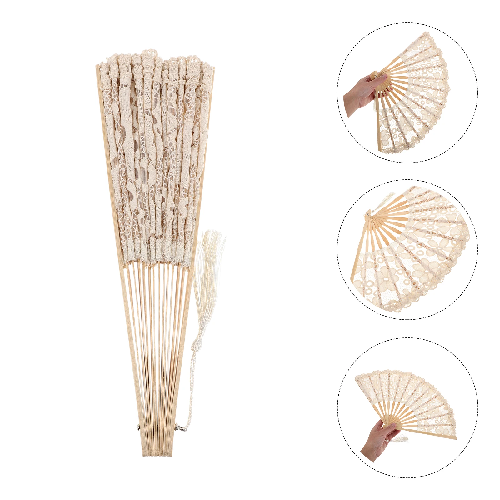 

Lace Folding Hand Fan 19Inch Elegant Bamboo Frame Tassel Bridal Wedding Party Decoration Dancing Festival Women Beige Vintage