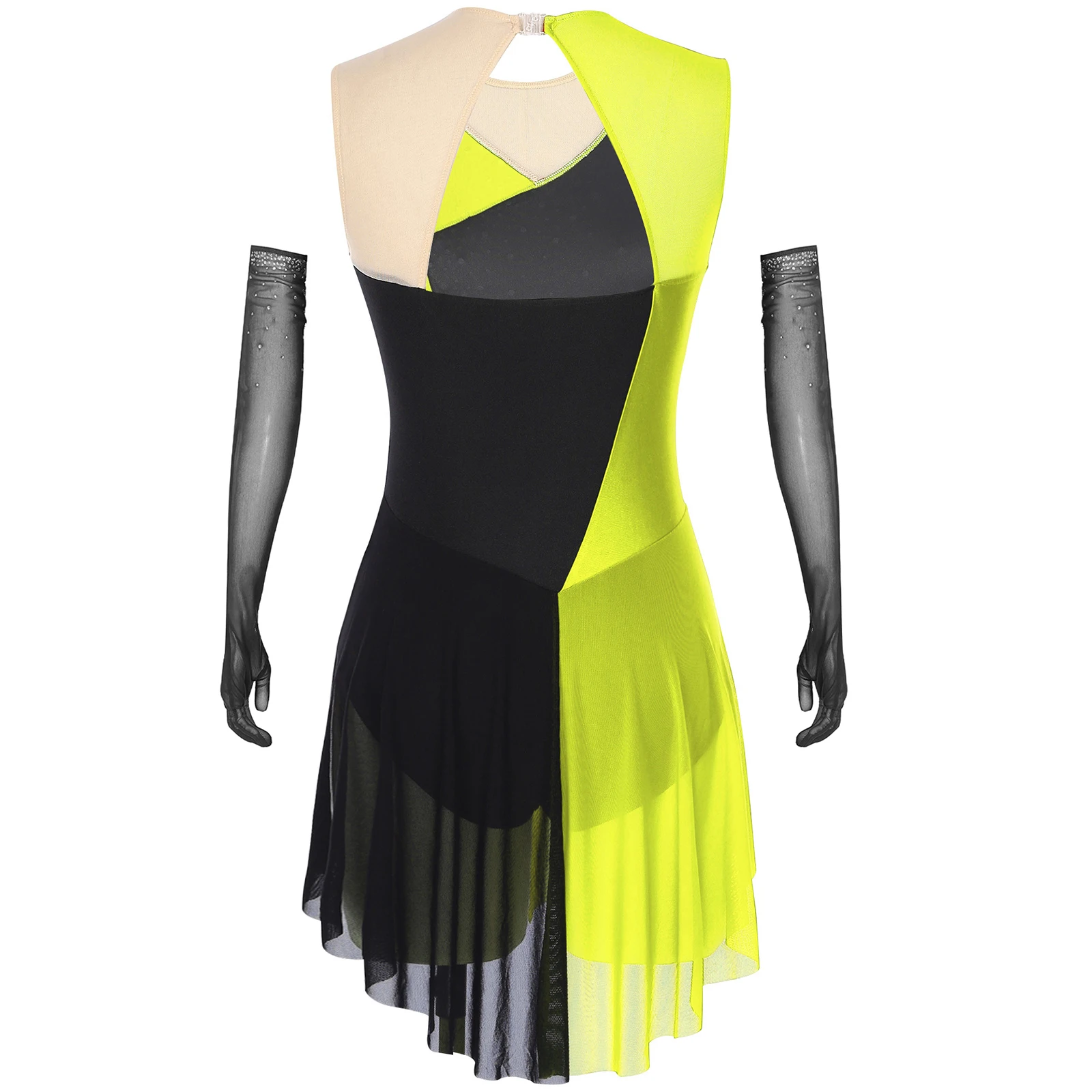 Conjunto de traje de dança de balé tango feminino vestido de strass brilhante design de bloco de cores com luvas de malha combinando roupa de dança lírica