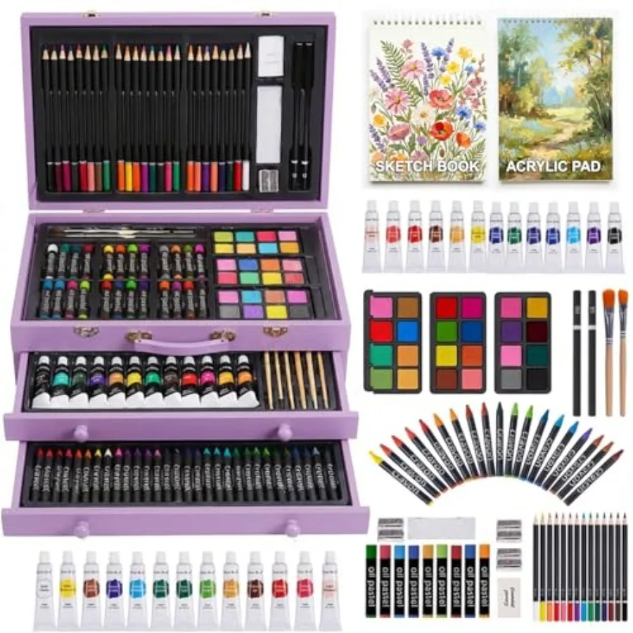 

175 Piece Deluxe Art Set with 2 Drawing Pads Acrylic Paints Crayons Colored Pencils Paint Set in Wooden Case Professional Art K