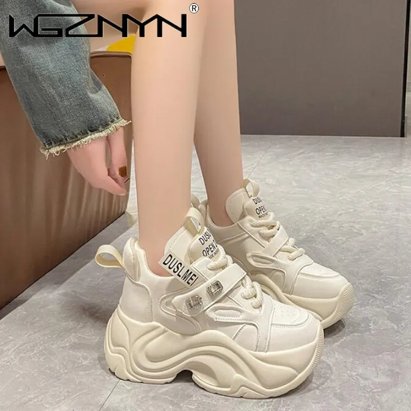 

2024 Women Leather Chunky Sneakers 7.5CM High Platform High Top Casual Shoes Woman New Autumn Winter Wedge Heels Sport Dad Shoes