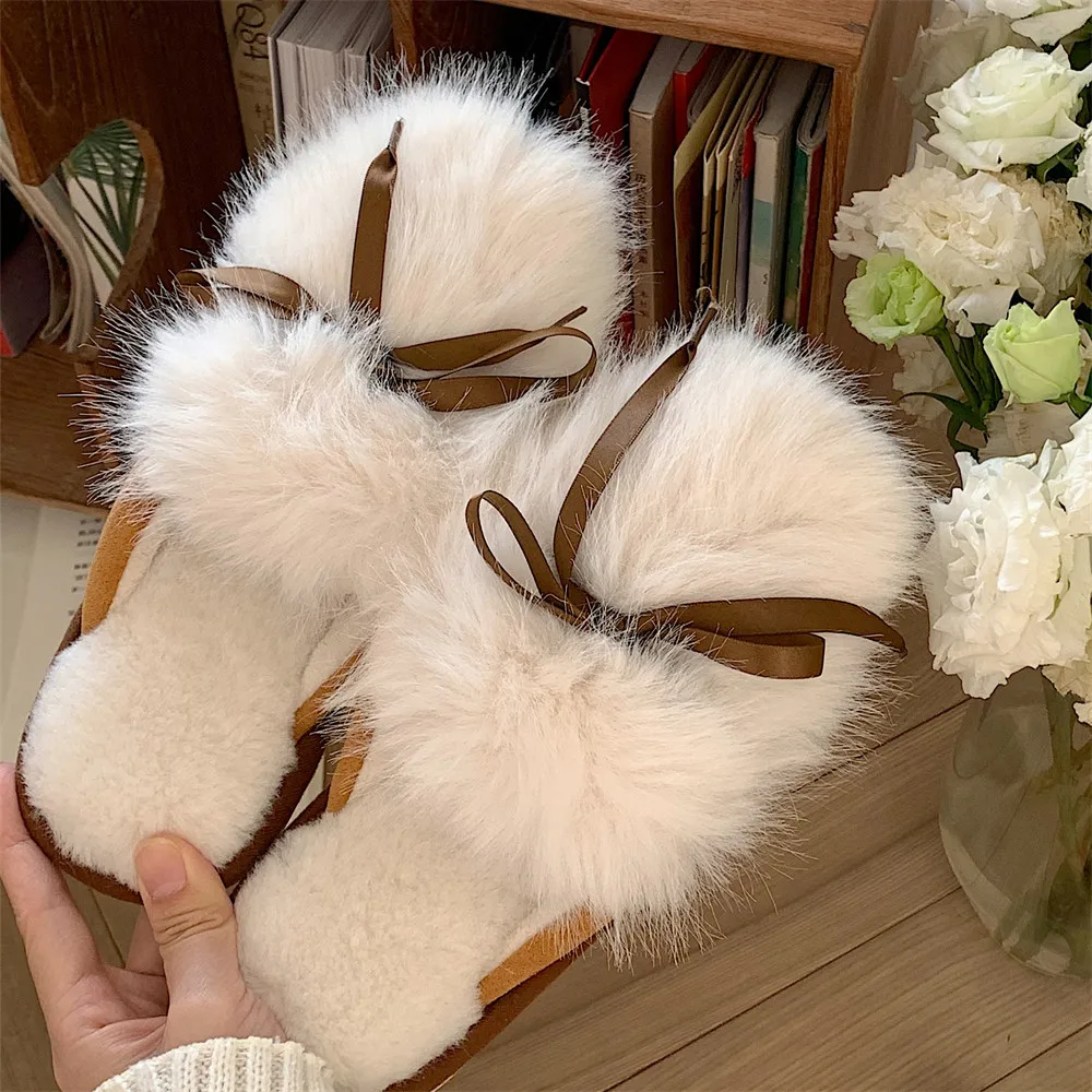 

Home Indoor Warm Fairy Wind Bow Baotou Cotton Slippers Female Winter Student Dormitory Soft Bottom Plush Slippers