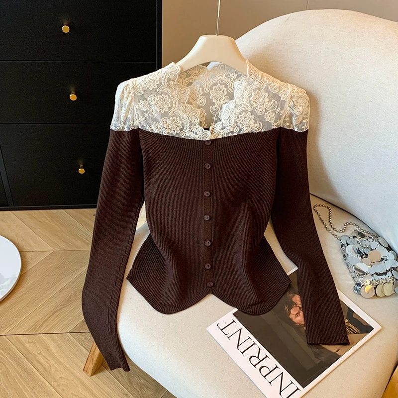 韓国レースパッチワークニットセーター女性エレガントな薄手のセクシーなスリムカーディガン V ネック長袖春秋プレッピースタイルトップ