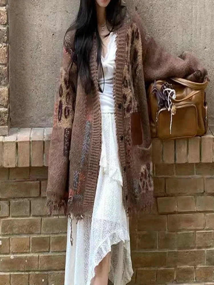 Herbst Winter Thiened Lose frauen Pullover Strickjacke Colion Farbe Leopard Print Faul Sle Gebrochene Quaste Oberbekleidung