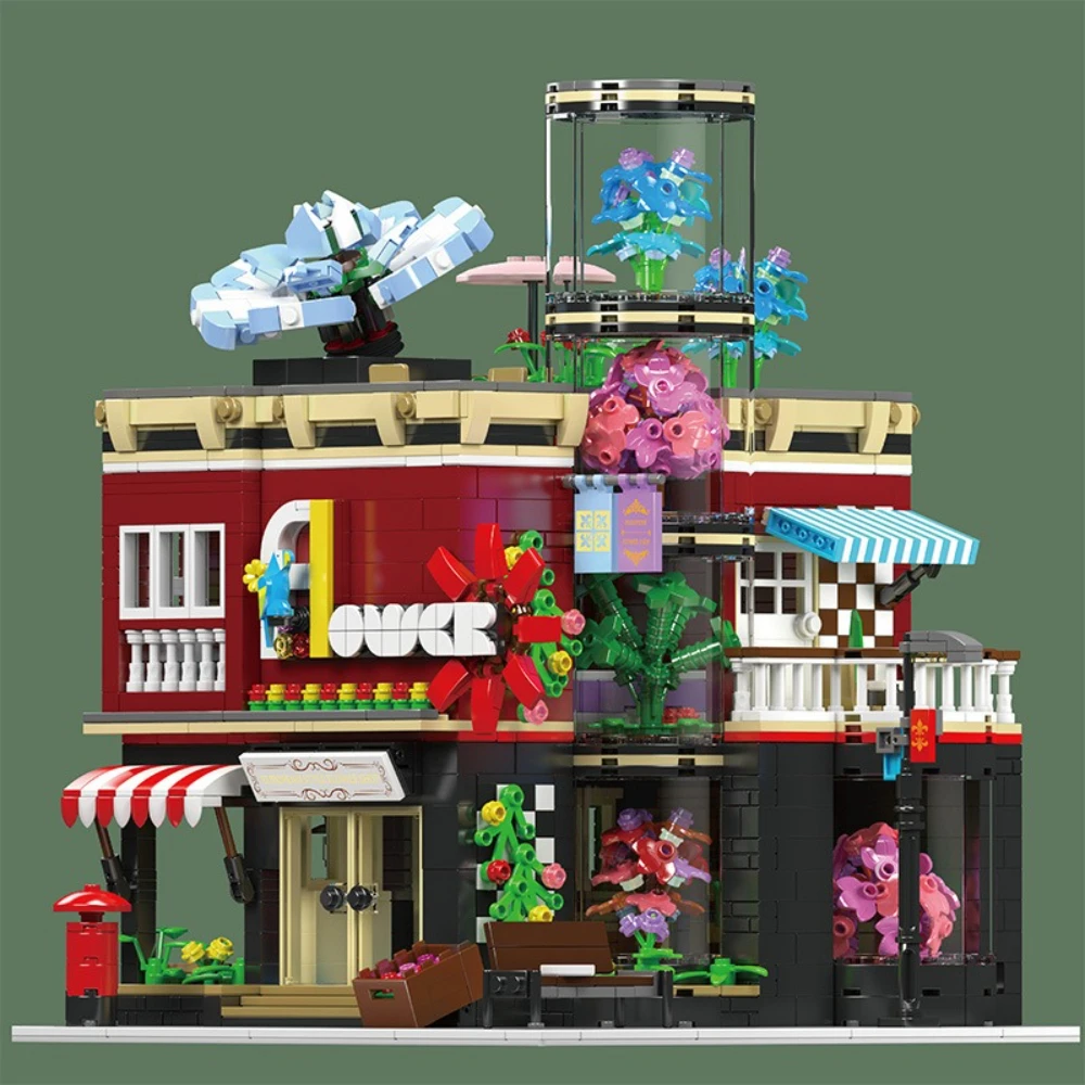 

MOC Handcraft Corner Flower Rose Shop Building Blocks Set Shop Street Architecture Toys For Children Birthday Holiday Day Gifts
