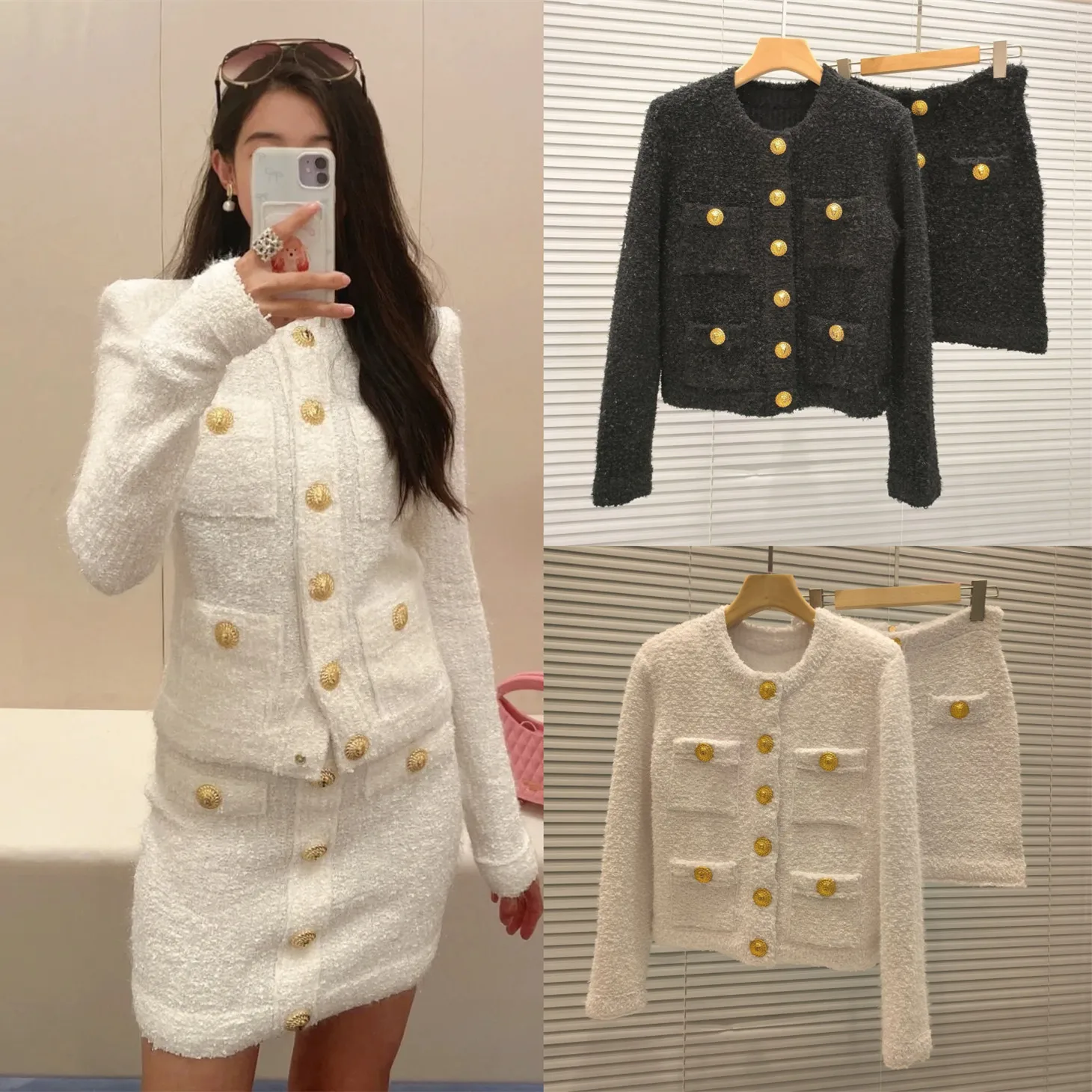 

High-End Version Parisian Ele Knitted Heavy Gold Bule Blouse And Skirt SetAdult Sli Spring Autumn Winter Outfit