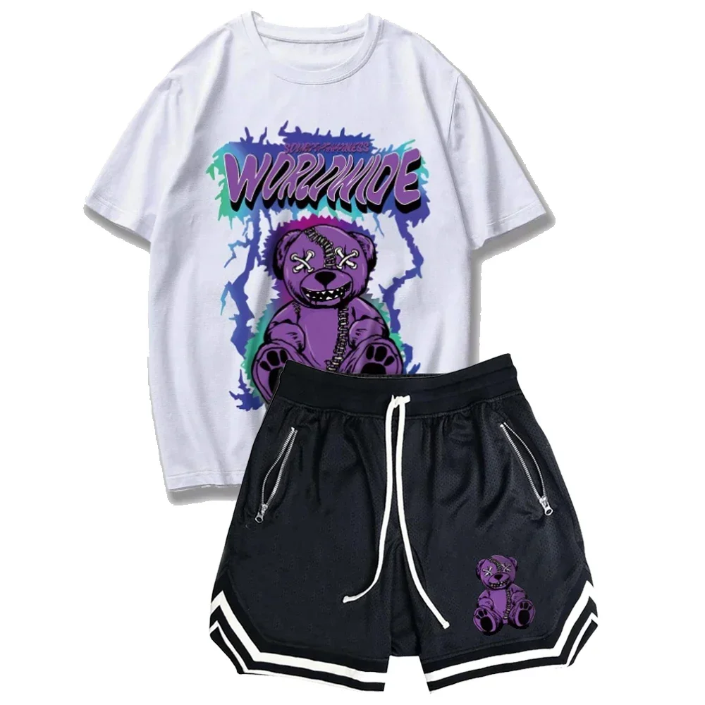 Funny Bear Printed T Shirt Men T-shirt Shorts Set Summer Fashion Casual Basketball Suit Shorts Hip Hop Streetwear Outdoor Tops