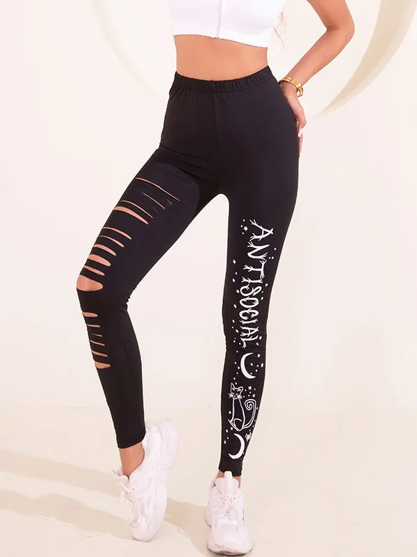 High Waist Yoga Pants Women's Printed Casual Elastic Bot Torn Hole Sports Leisure Letter Print Nine Point Pants