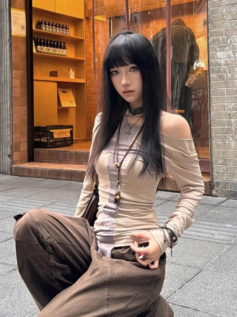 

Women's T-shirt 2000s Clothes Y2k Tees Female Long Sleeve Off Shoulder Korean Fashion Skinny Hot Sweet Autumn Tops Slim