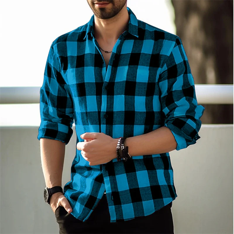 black and white Plaid Shirt Men\'s Shirt Long Sleeve Fashion New 2024 Button Lapel Shirt Street Loose Casual Breathable 9 Colors