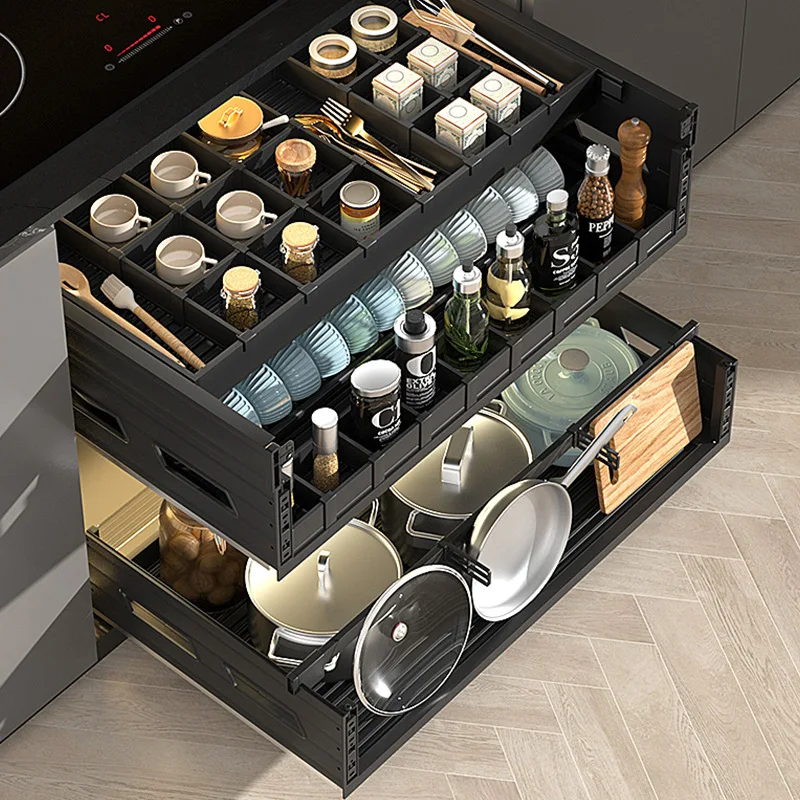 

Kitchen Cabinet Basket Drawer Double Triple Door Door Stainless Steel Dishes Pumping Storage Shelf Separation Blue
