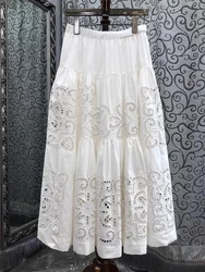 New 2025 Spring Long Skirt High Quality Women Elastic Waist Hollow Out Embroidery Luxury Cotton Linen Long Maxi White Skirts