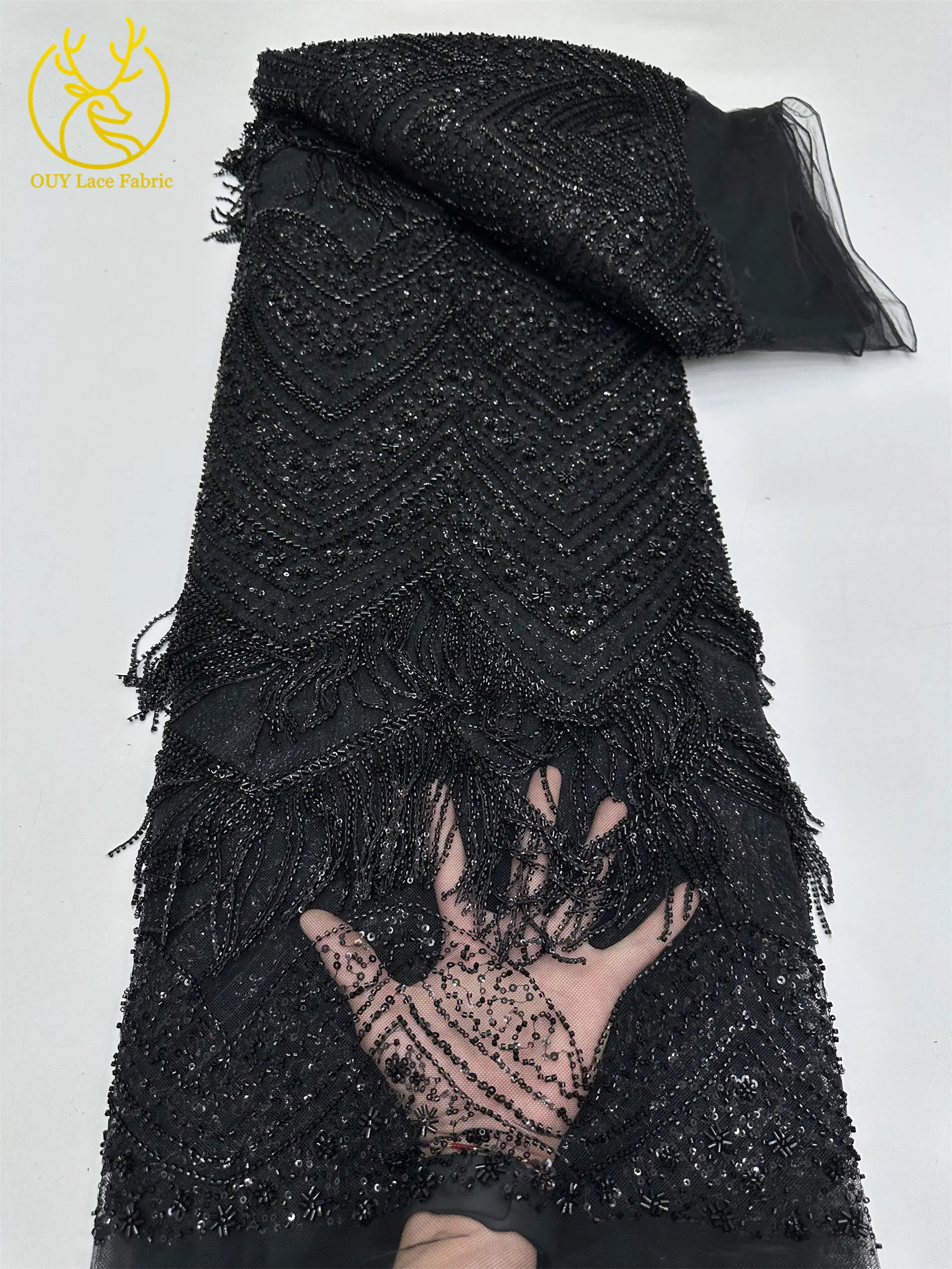 Hochwertiger 3D-Quasten-Perlen-Spitzenstoff, goldfarbener afrikanischer Perlen-Pailletten-Spitzenstoff, französische Tüllspitze für Hochzeitskleider, 5 Yards – Detail 29