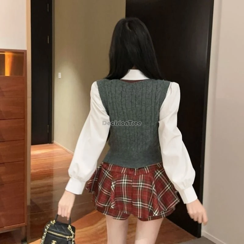 2025 migliorato stile scolastico coreano donna jk uniforme camicia a maniche lunghe maglione gilet gonna gonfia a quadri set jk moda in tre pezzi