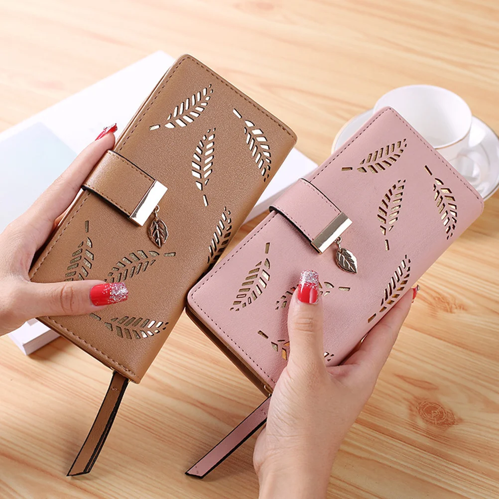 

Hollow Leaves Women Long Snap Wallet For Cards Cash Coins Holder Purse Clutch Bifold Apricot Multi-Slot Gift