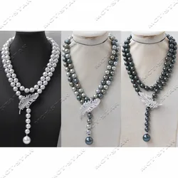 Z13438 35'' 16mm Round Shell Pearl Necklace Pendant CZ Feather Custom Jewelry