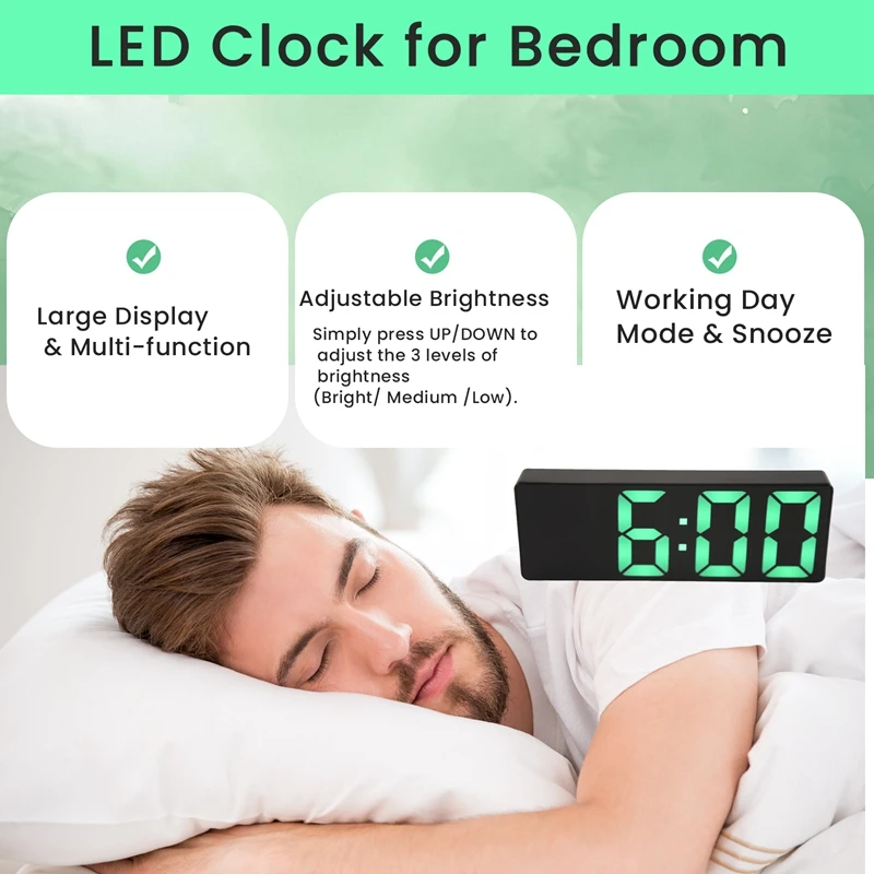 Alarm Clock, LED Clock For Bedroom, Electronic Desktop Clock With Temperature Display, Adjustable Brightness