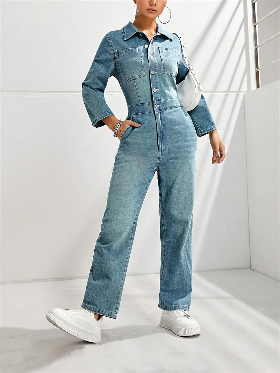 Benuynffy Jumpsuit Denim Retro wanita, Jumpsuit kaki lurus kasual pinggang tinggi setengah kancing, Jumpsuit Denim cuci Amerika musim gugur dengan saku