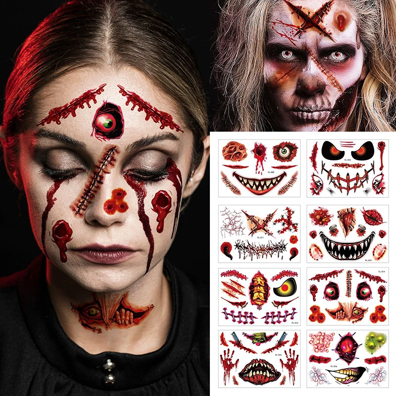 10 pçs horrível tema de halloween ferida sangrenta boca grande tatuagem à prova dwaterproof água corpo rosto maquiagem adesivo para decorações de festa de halloween