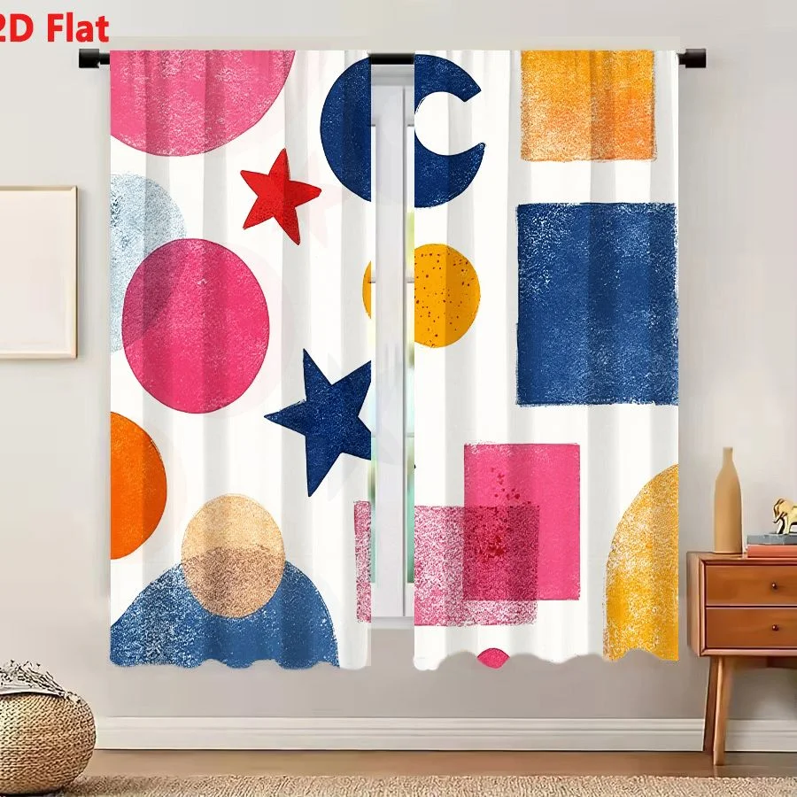 2Pcs Curtains 2D Flat Vibrant Abstract Geometric Shapes Art Retro Modern Pink Blue Orange Yellow Textile Design Window Drapes fo