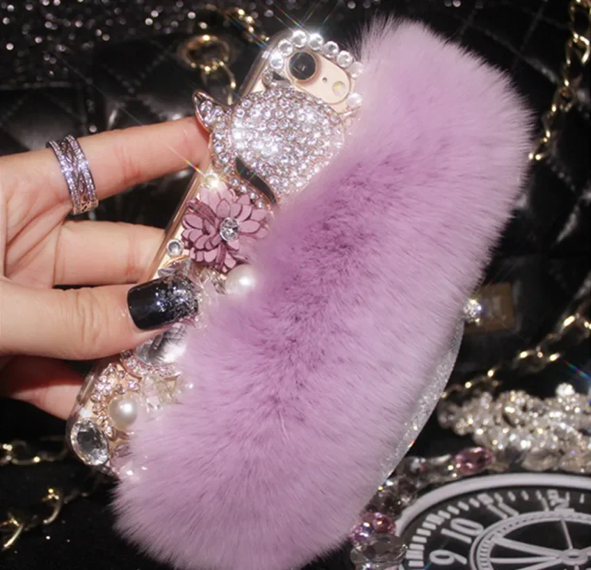 Luxury Soft fluffy Rabbit Fur Bling Diamond Fox Head Flower Pearl Phone Case For iPhone14 16 12 13 15Pro Max XR XS 16Plus Case