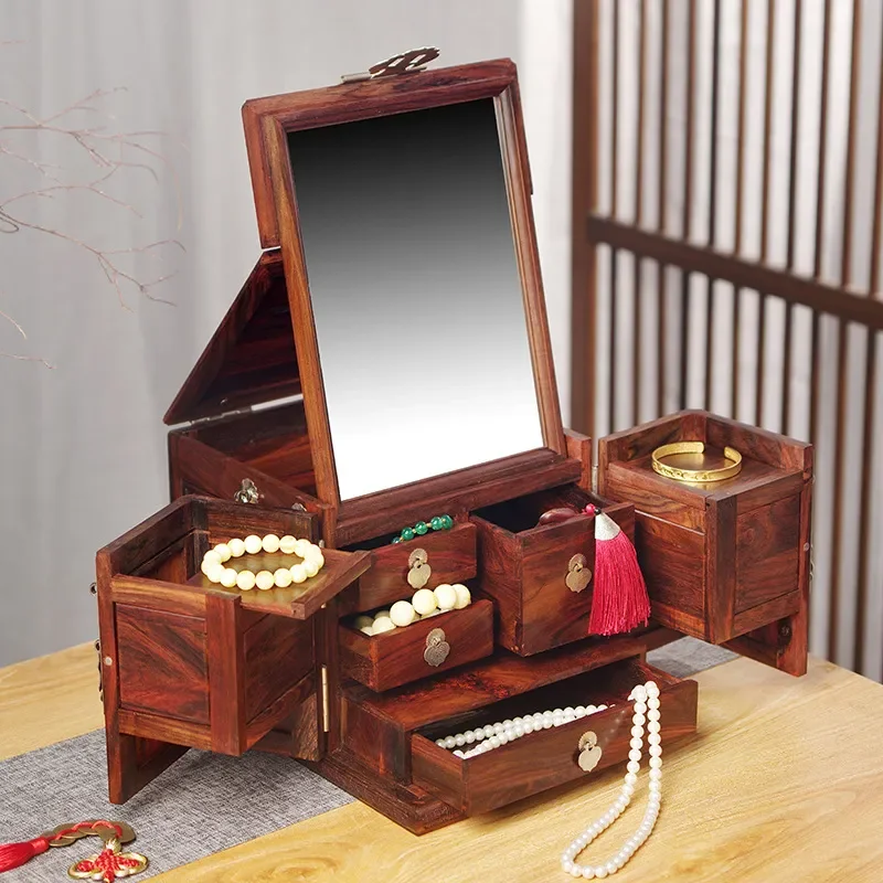 Vintage Red Rosewood Jewelry Box with Lock Large Capacity Storage Case for Women Retro Wooden Mirror Organizer Gift Elegant