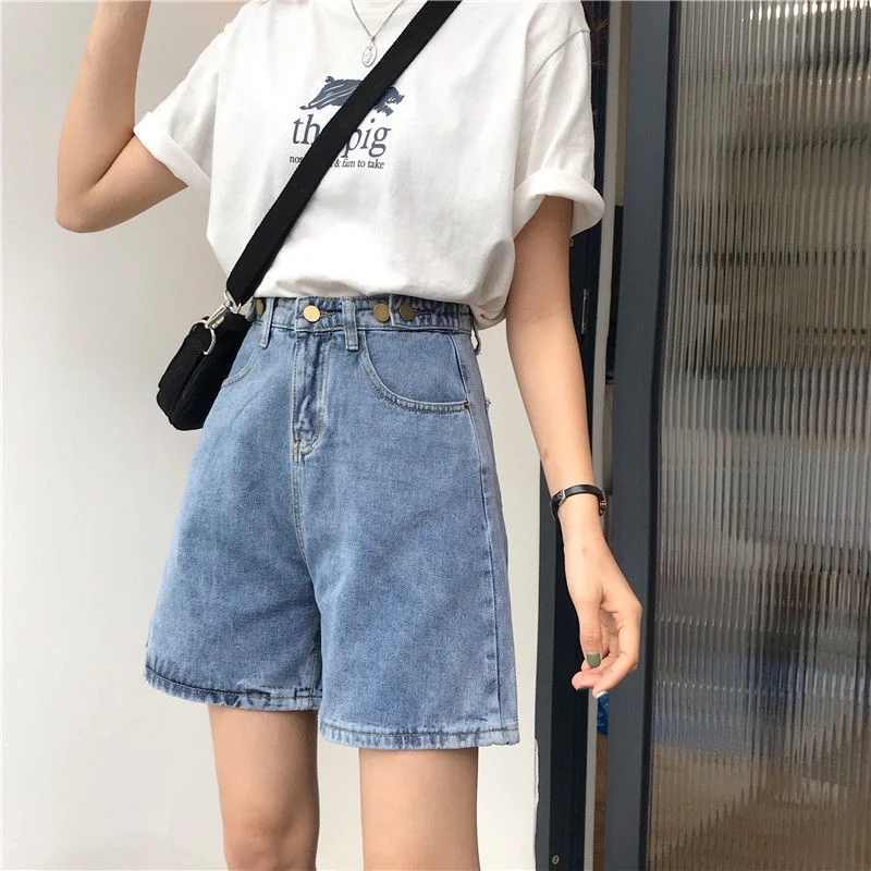 High Waist A-Line Wide Leg Jeans Shorts Women's Loose Fit Slimming Korean Style Summer New Arrival Cotton Blend Shorts
