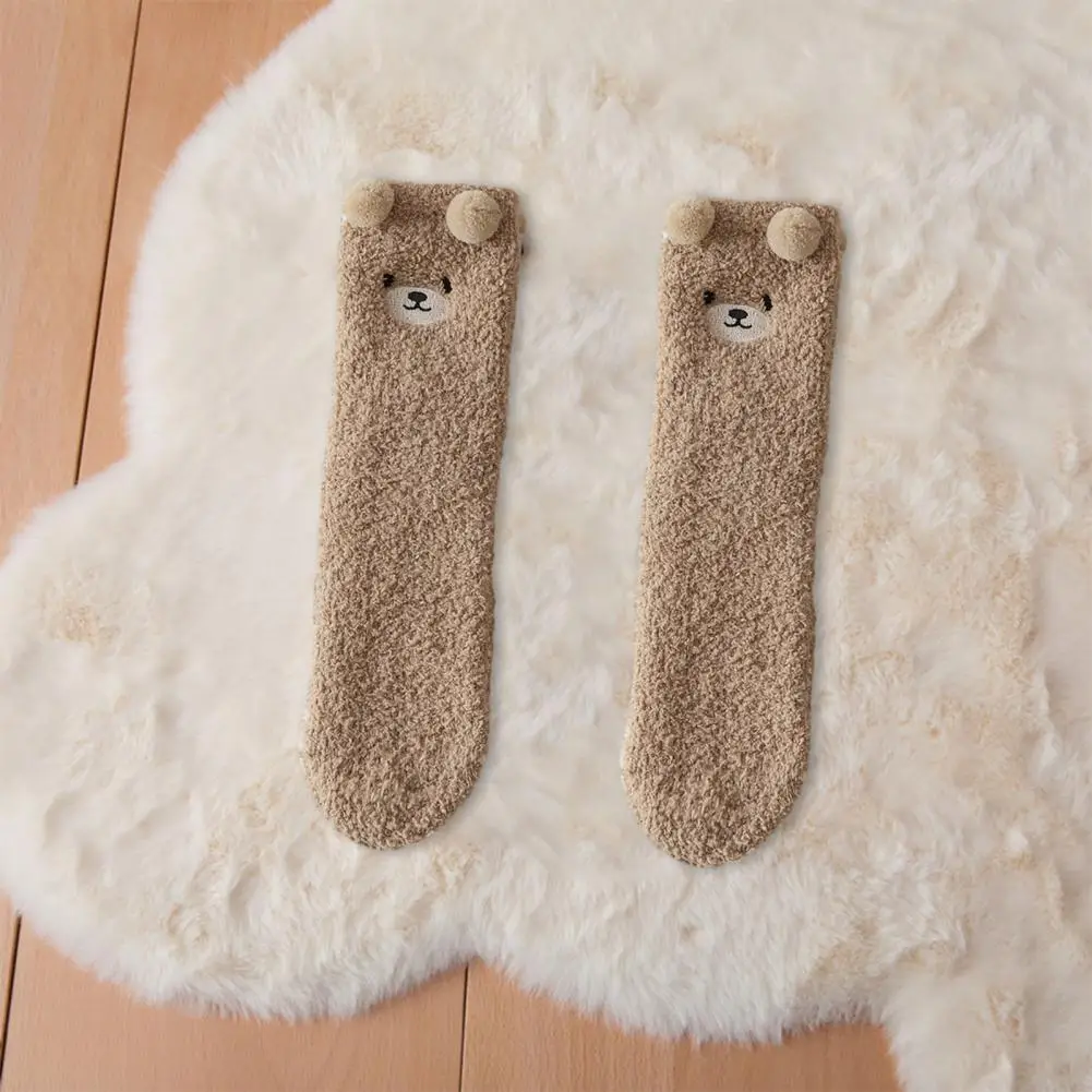 Women Mid-calf Socks Cozy Winter Women's Coral Fleece Bear Patterned Plush Socks Thickened Mid-tube for Home Sleep Coral Fleece image 2